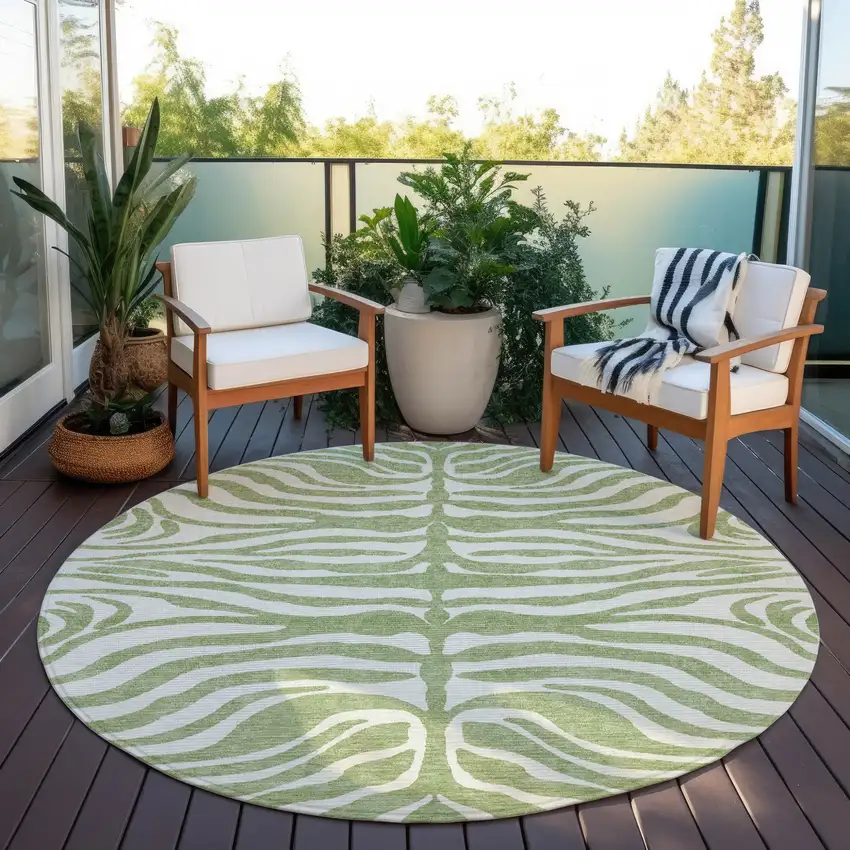 8' Artichoke Green And Ivory Round Animal Print Washable Indoor Outdoor Area Rug Photo 7