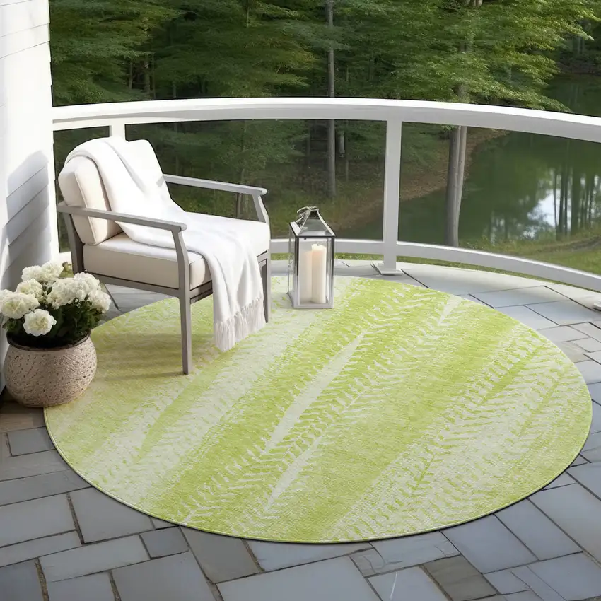 8' Artichoke Green And Ivory Round Botanical Leaves Washable Indoor Outdoor Area Rug Photo 6