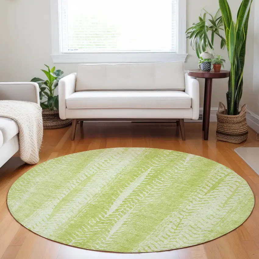 8' Artichoke Green And Ivory Round Botanical Leaves Washable Indoor Outdoor Area Rug Photo 7