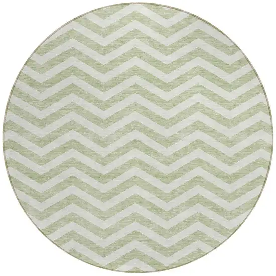 8' Artichoke Green And Ivory Round Chevron Washable Indoor Outdoor Area Rug Photo 5