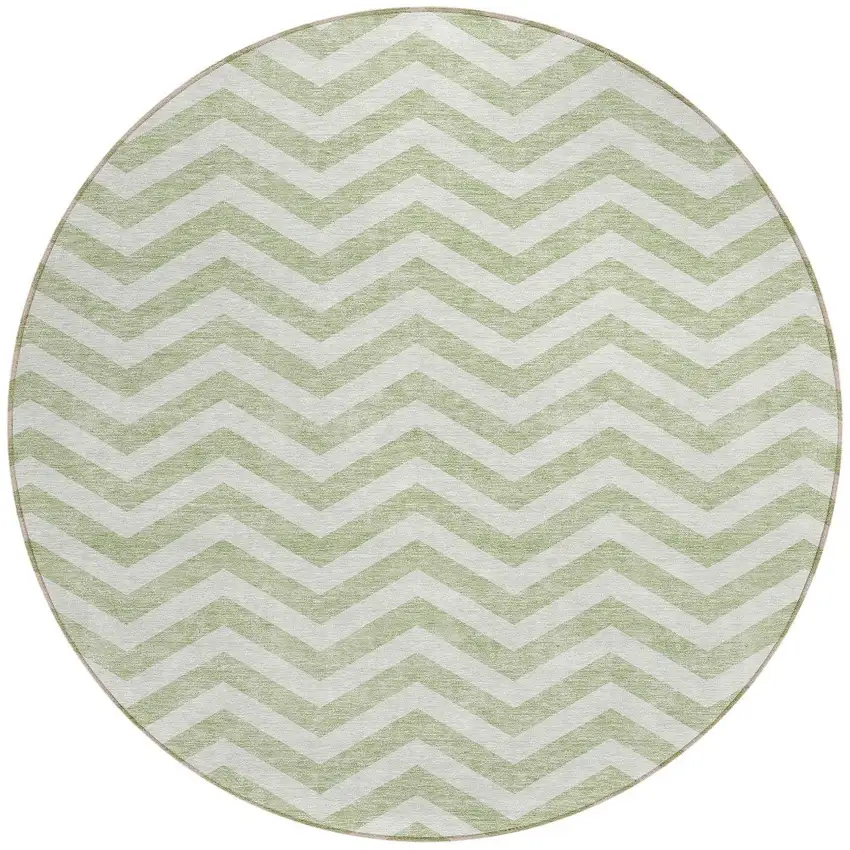 8' Artichoke Green And Ivory Round Chevron Washable Indoor Outdoor Area Rug Photo 5