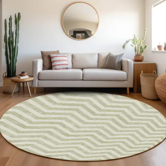 8' Artichoke Green And Ivory Round Chevron Washable Indoor Outdoor Area Rug Photo 7