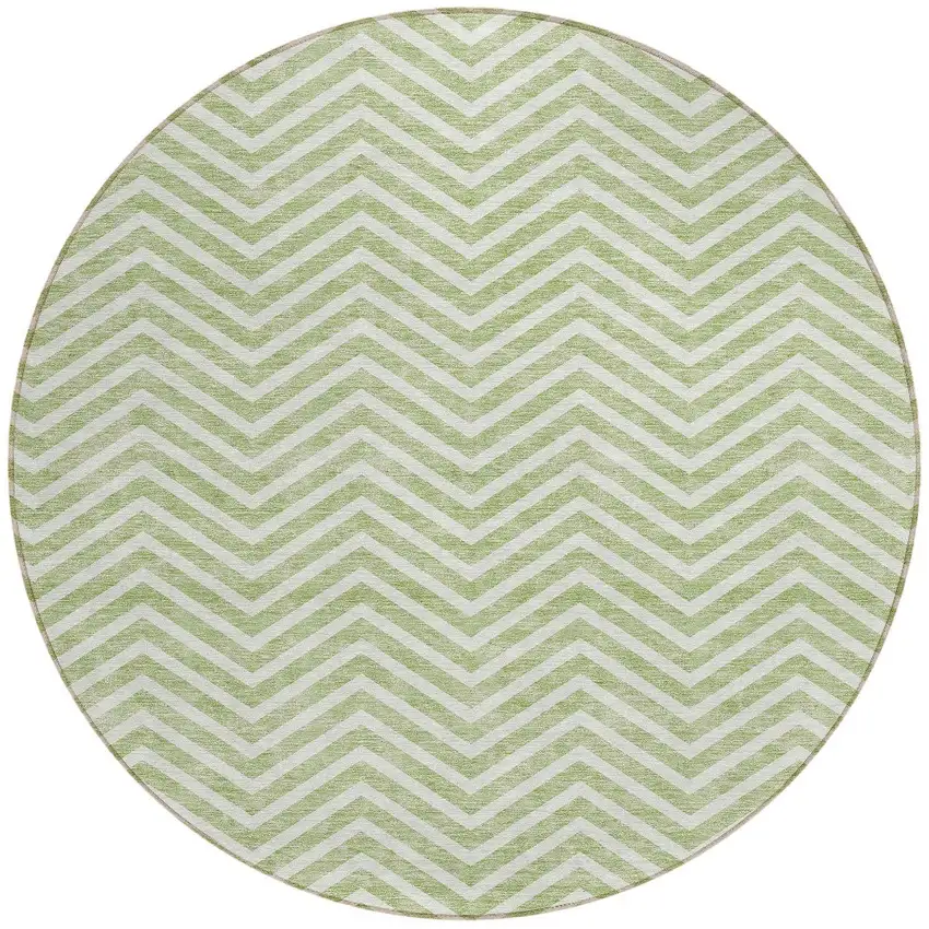 8' Artichoke Green And Ivory Round Chevron Washable Indoor Outdoor Area Rug Photo 6