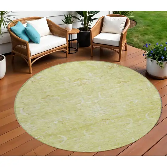 8' Artichoke Green And Ivory Round Damask Washable Indoor Outdoor Area Rug Photo 1