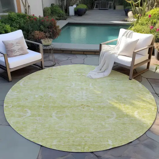 8' Artichoke Green And Ivory Round Damask Washable Indoor Outdoor Area Rug Photo 7