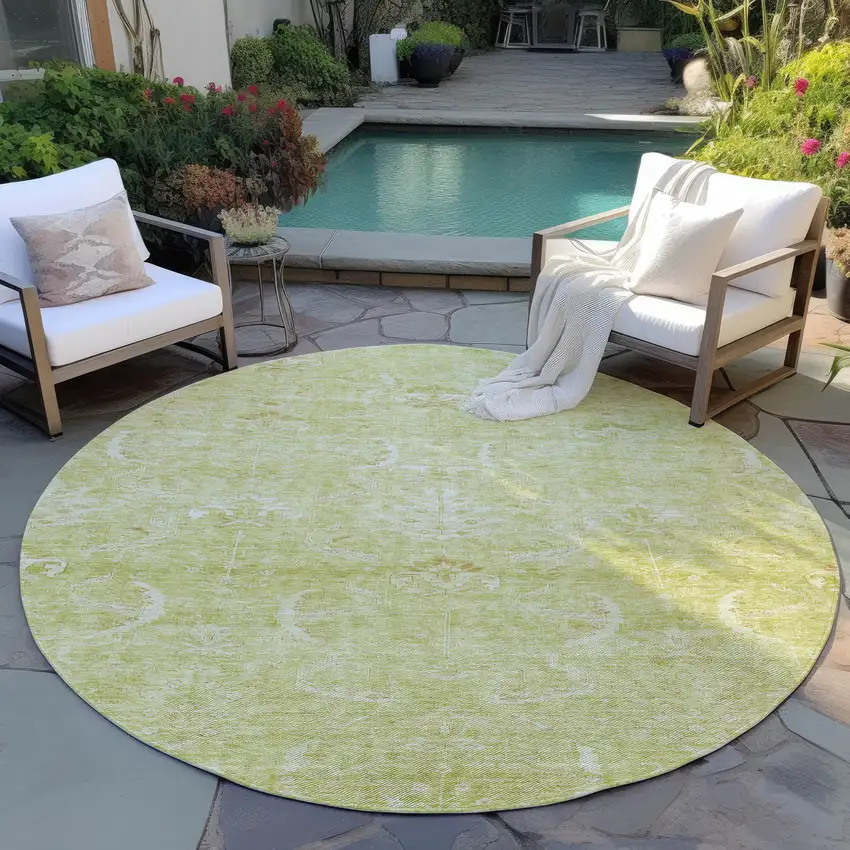 8' Artichoke Green And Ivory Round Damask Washable Indoor Outdoor Area Rug Photo 7