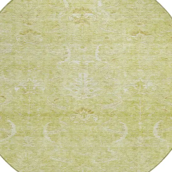 8' Artichoke Green And Ivory Round Damask Washable Indoor Outdoor Area Rug Photo 5