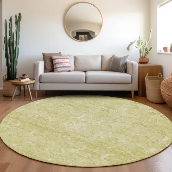 8' Artichoke Green And Ivory Round Damask Washable Indoor Outdoor Area Rug Photo 8
