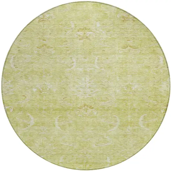 8' Artichoke Green And Ivory Round Damask Washable Indoor Outdoor Area Rug Photo 2
