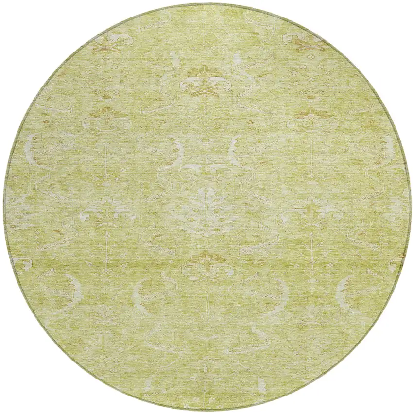 8' Artichoke Green And Ivory Round Damask Washable Indoor Outdoor Area Rug Photo 2