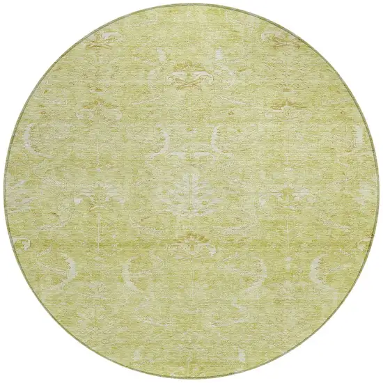 8' Artichoke Green And Ivory Round Damask Washable Indoor Outdoor Area Rug Photo 6
