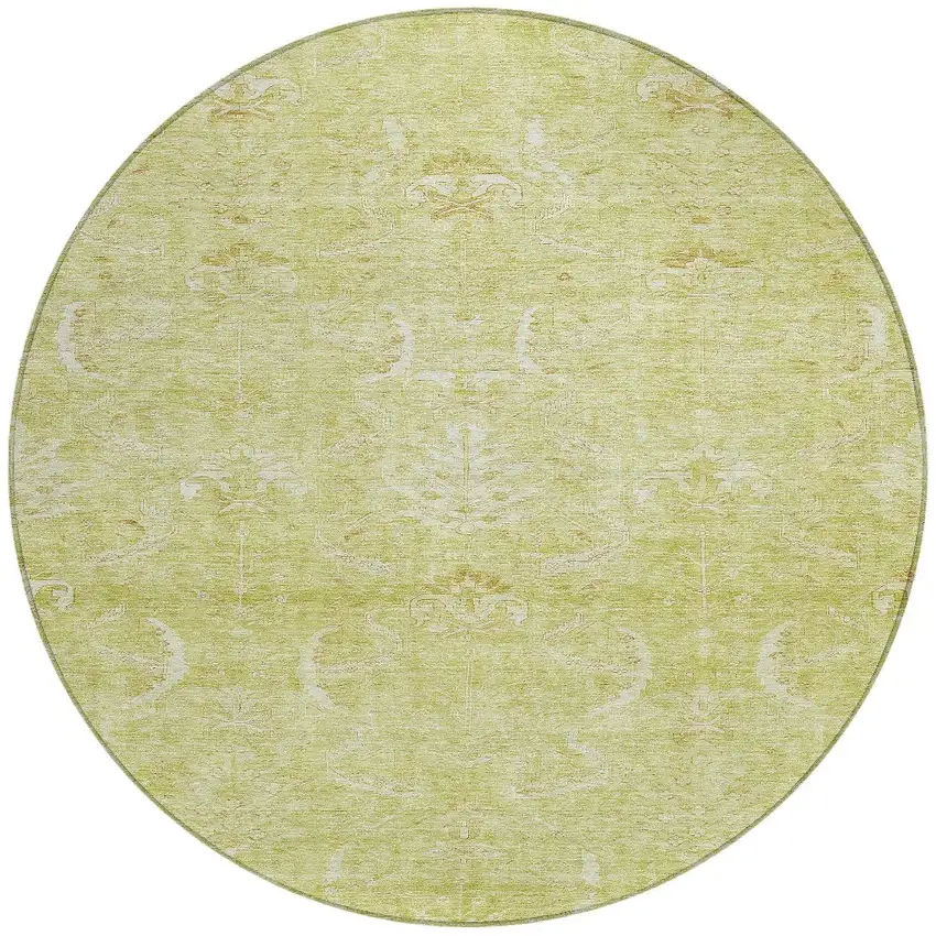 8' Artichoke Green And Ivory Round Damask Washable Indoor Outdoor Area Rug Photo 6