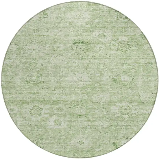 8' Artichoke Green And Ivory Round Damask Washable Indoor Outdoor Area Rug Photo 2