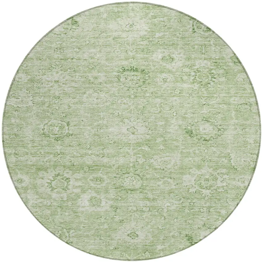 8' Artichoke Green And Ivory Round Damask Washable Indoor Outdoor Area Rug Photo 2