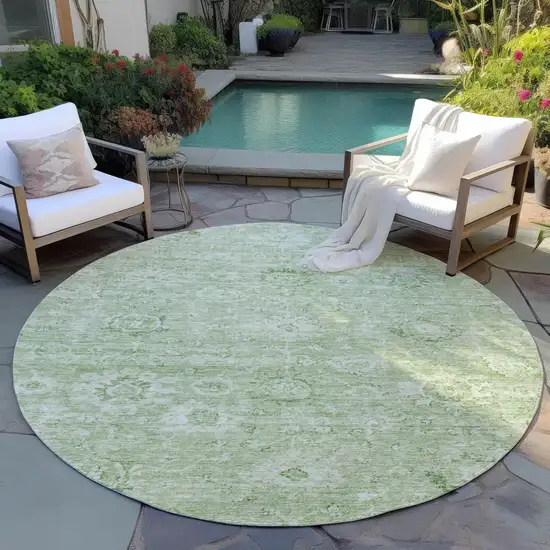 8' Artichoke Green And Ivory Round Damask Washable Indoor Outdoor Area Rug Photo 7