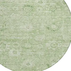Photo of 8' Artichoke Green And Ivory Round Damask Washable Indoor Outdoor Area Rug