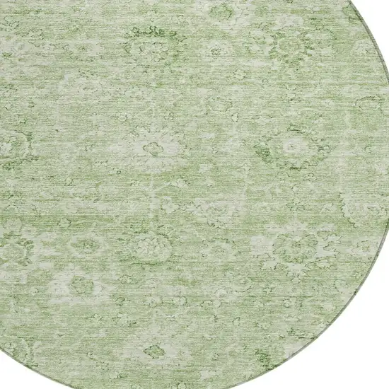 8' Artichoke Green And Ivory Round Damask Washable Indoor Outdoor Area Rug Photo 5