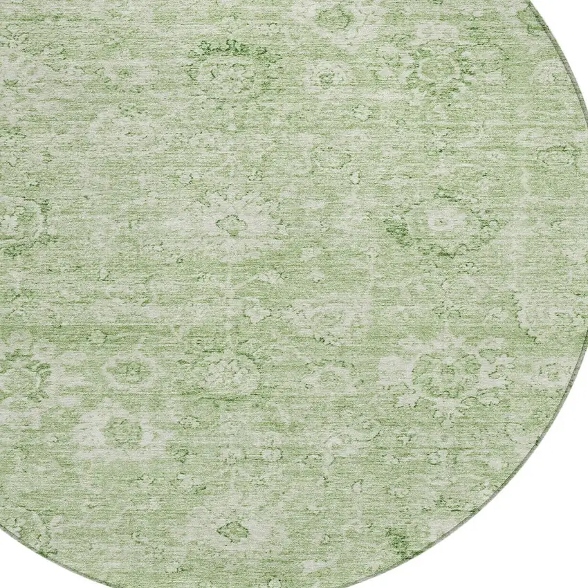 8' Artichoke Green And Ivory Round Damask Washable Indoor Outdoor Area Rug Photo 5