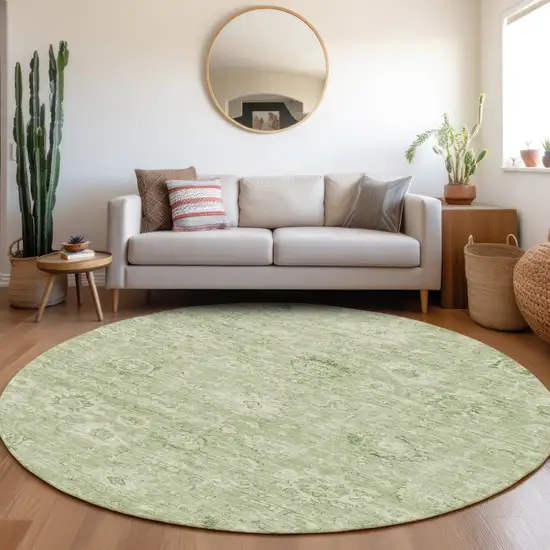 8' Artichoke Green And Ivory Round Damask Washable Indoor Outdoor Area Rug Photo 8