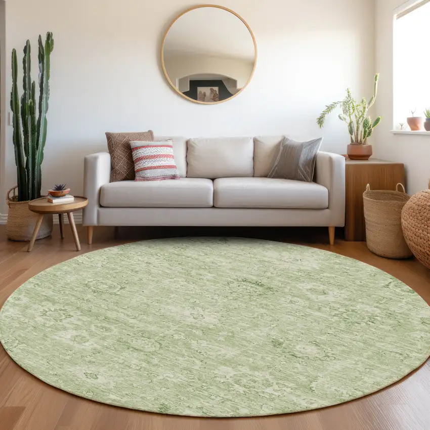 8' Artichoke Green And Ivory Round Damask Washable Indoor Outdoor Area Rug Photo 8