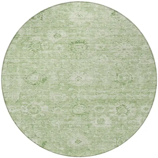 8' Artichoke Green And Ivory Round Damask Washable Indoor Outdoor Area Rug Photo 6