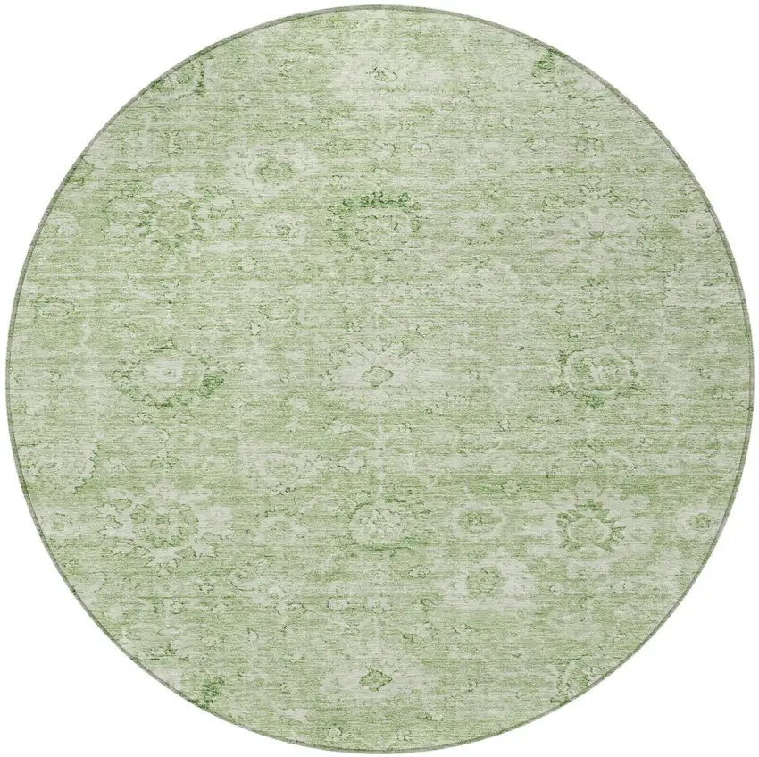 8' Artichoke Green And Ivory Round Damask Washable Indoor Outdoor Area Rug Photo 6
