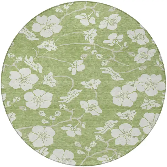 8' Artichoke Green And Ivory Round Floral Washable Indoor Outdoor Area Rug Photo 6