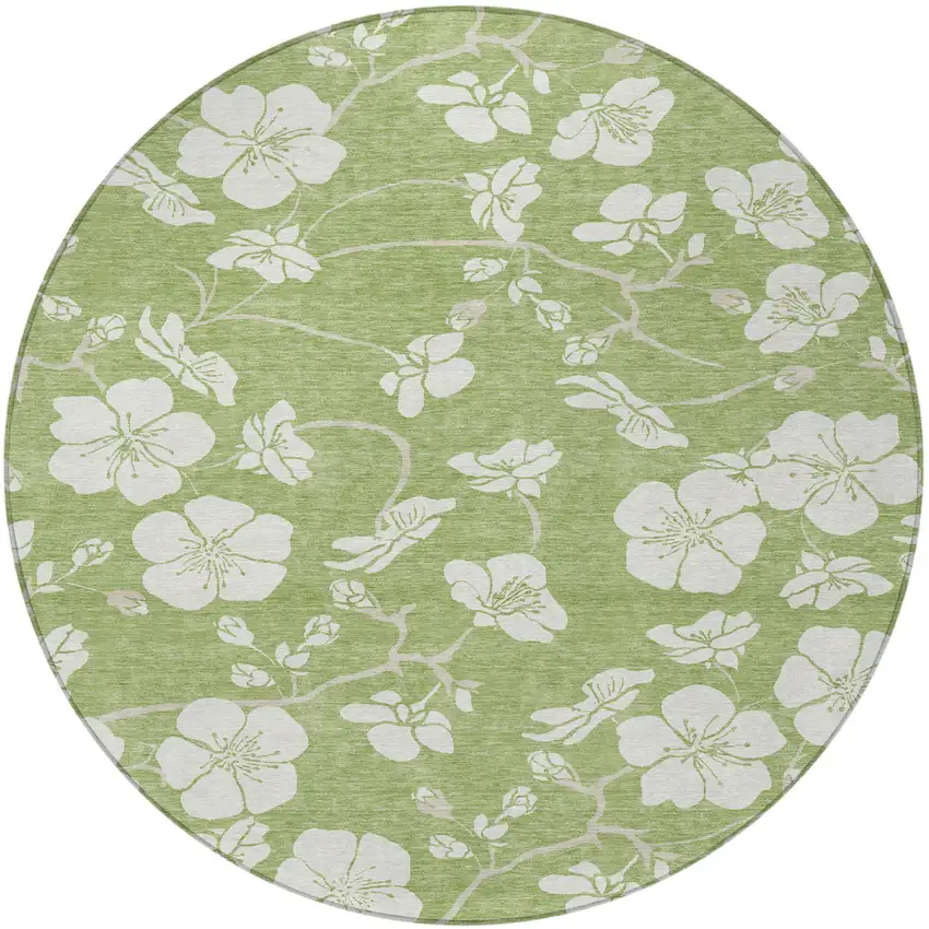 8' Artichoke Green And Ivory Round Floral Washable Indoor Outdoor Area Rug Photo 6