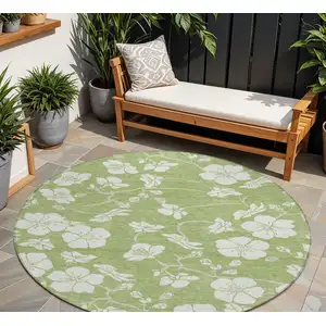 Photo of 8' Artichoke Green And Ivory Round Floral Washable Indoor Outdoor Area Rug