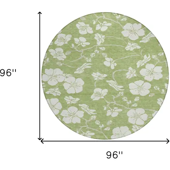 8' Artichoke Green And Ivory Round Floral Washable Indoor Outdoor Area Rug Photo 3