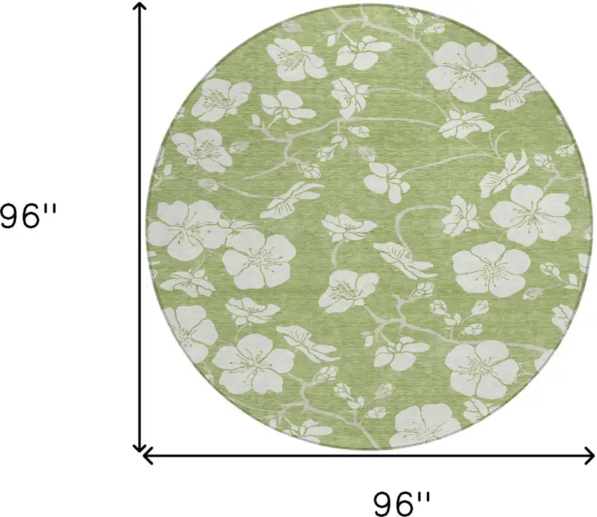 8' Artichoke Green And Ivory Round Floral Washable Indoor Outdoor Area Rug Photo 3