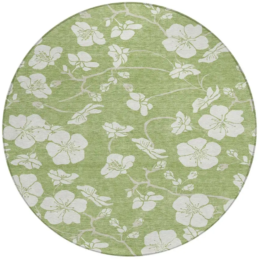 8' Artichoke Green And Ivory Round Floral Washable Indoor Outdoor Area Rug Photo 5