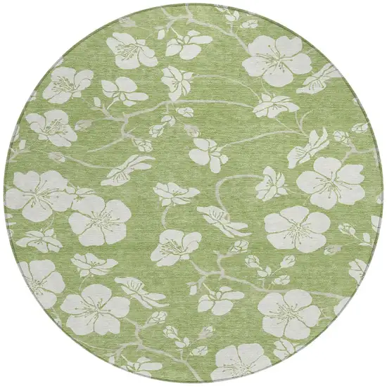 8' Artichoke Green And Ivory Round Floral Washable Indoor Outdoor Area Rug Photo 5