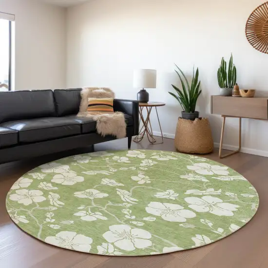 8' Artichoke Green And Ivory Round Floral Washable Indoor Outdoor Area Rug Photo 8