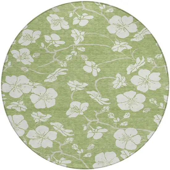 8' Artichoke Green And Ivory Round Floral Washable Indoor Outdoor Area Rug Photo 2