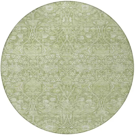 8' Artichoke Green And Ivory Round Floral Washable Indoor Outdoor Area Rug Photo 6