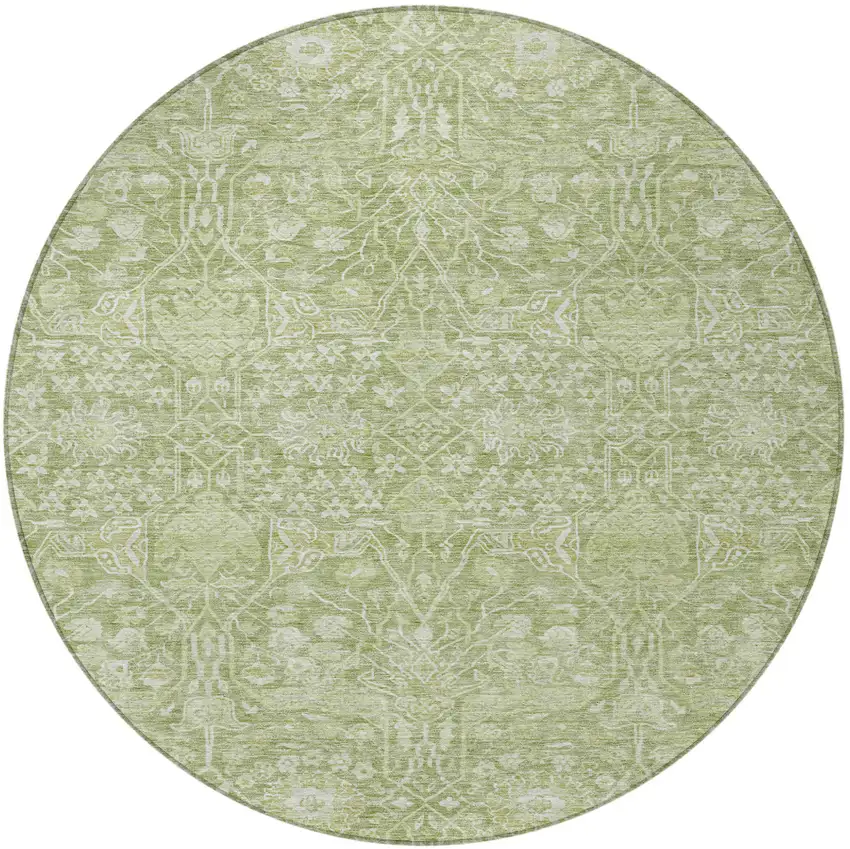 8' Artichoke Green And Ivory Round Floral Washable Indoor Outdoor Area Rug Photo 6