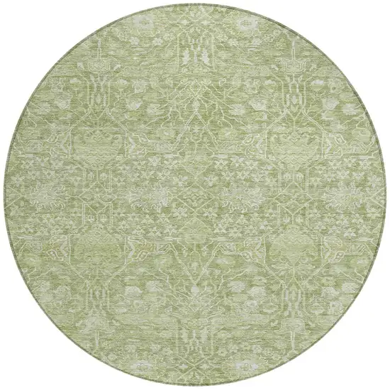 8' Artichoke Green And Ivory Round Floral Washable Indoor Outdoor Area Rug Photo 5