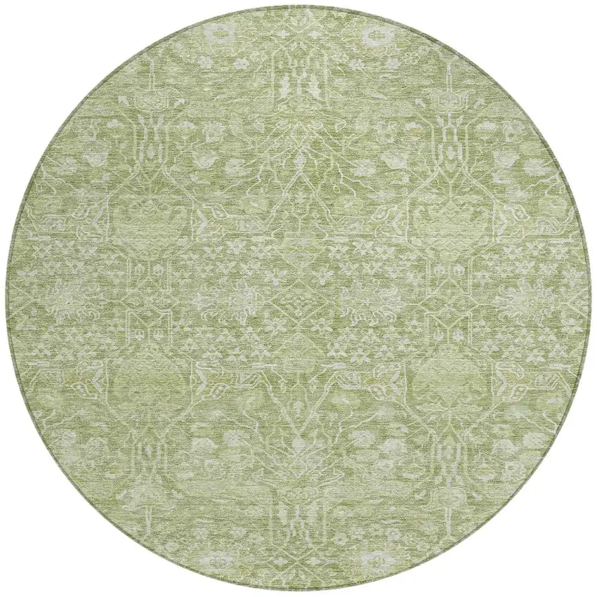 8' Artichoke Green And Ivory Round Floral Washable Indoor Outdoor Area Rug Photo 5