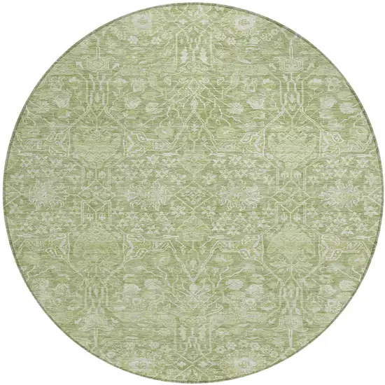 8' Artichoke Green And Ivory Round Floral Washable Indoor Outdoor Area Rug Photo 2