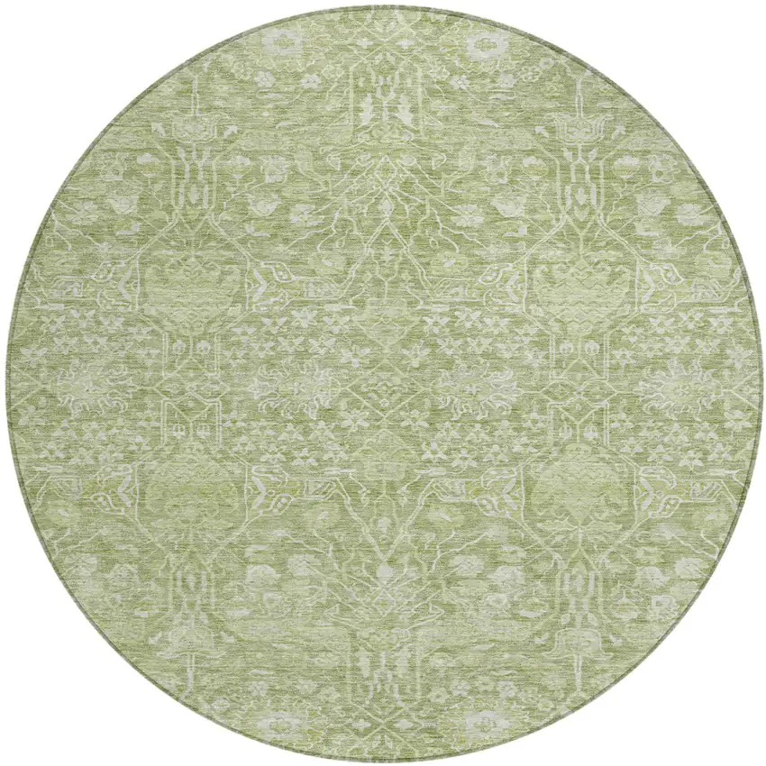 8' Artichoke Green And Ivory Round Floral Washable Indoor Outdoor Area Rug Photo 2