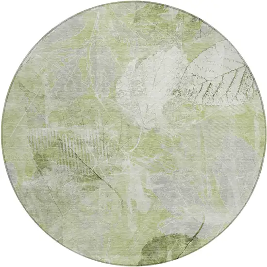 8' Artichoke Green And Ivory Round Floral Washable Indoor Outdoor Area Rug Photo 1