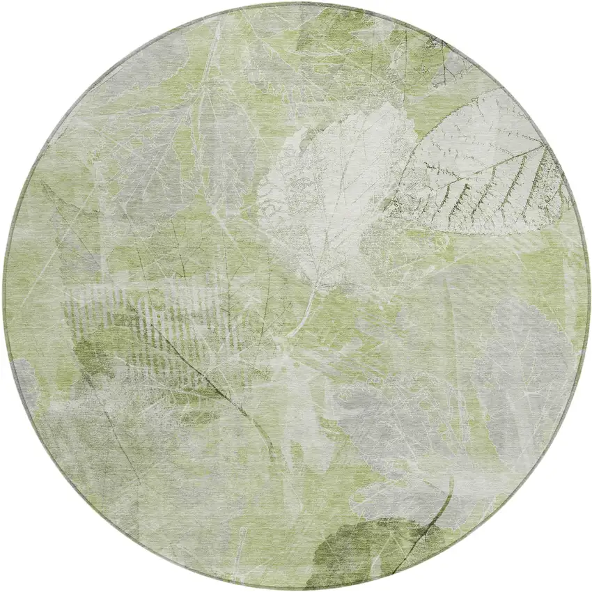 8' Artichoke Green And Ivory Round Floral Washable Indoor Outdoor Area Rug Photo 1