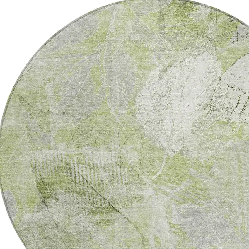 8' Artichoke Green And Ivory Round Floral Washable Indoor Outdoor Area Rug Photo 9