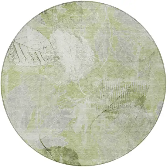 8' Artichoke Green And Ivory Round Floral Washable Indoor Outdoor Area Rug Photo 3