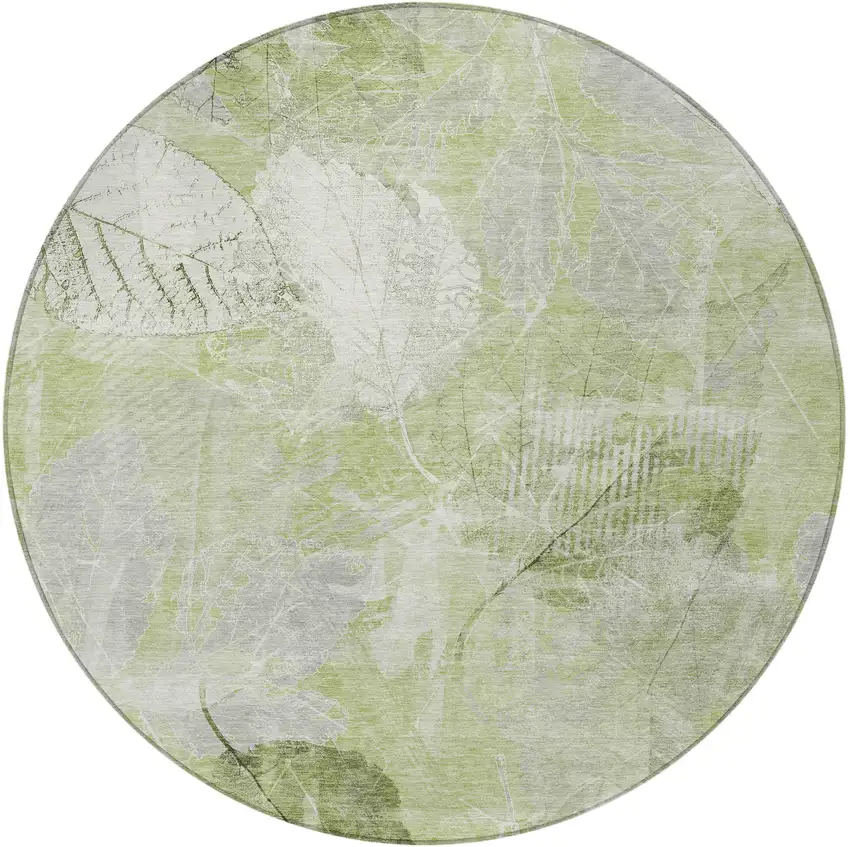 8' Artichoke Green And Ivory Round Floral Washable Indoor Outdoor Area Rug Photo 3