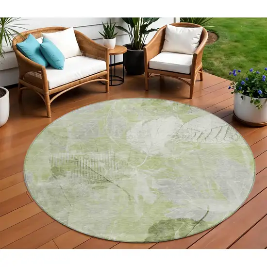 8' Artichoke Green And Ivory Round Floral Washable Indoor Outdoor Area Rug Photo 2