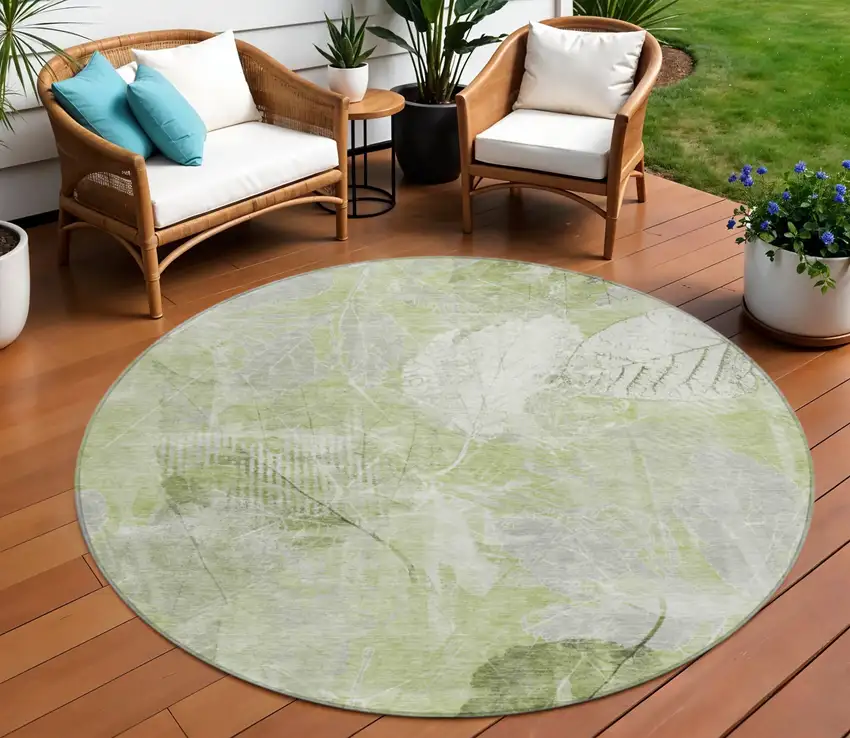 8' Artichoke Green And Ivory Round Floral Washable Indoor Outdoor Area Rug Photo 2
