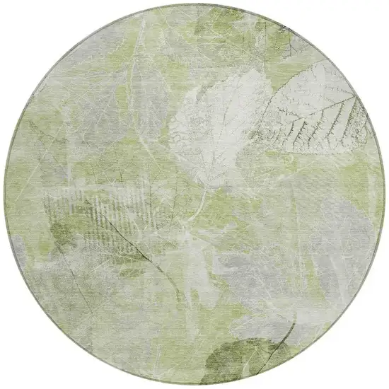 8' Artichoke Green And Ivory Round Floral Washable Indoor Outdoor Area Rug Photo 4