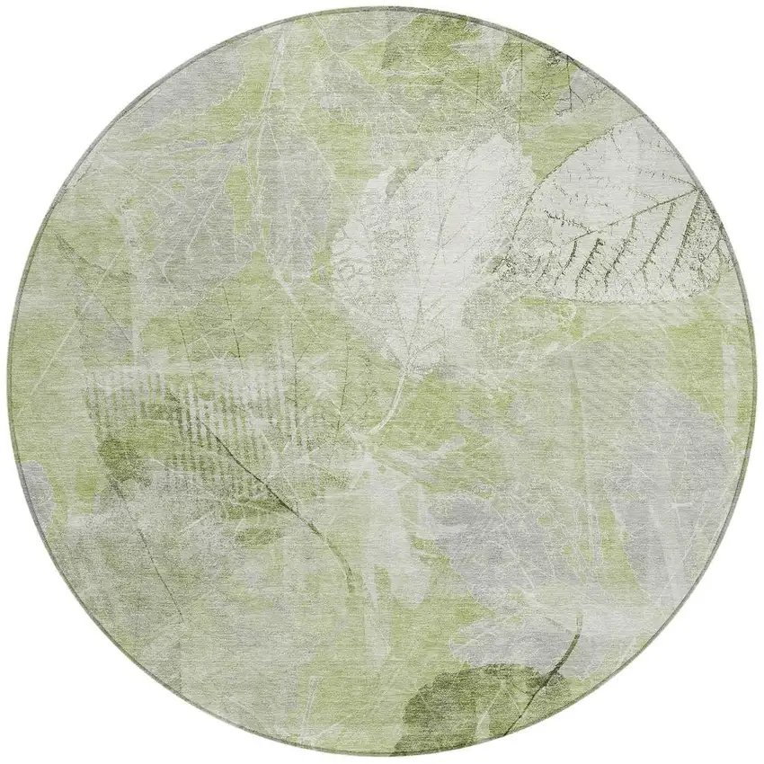 8' Artichoke Green And Ivory Round Floral Washable Indoor Outdoor Area Rug Photo 4